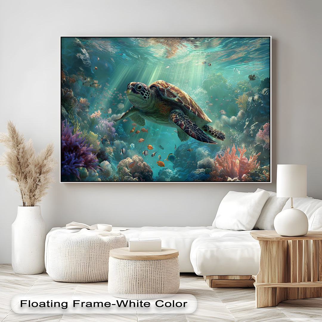 Deep, layered canvas art shows a sea turtle in sunlit turquoise water above a vibrant coral reef and tropical fish.