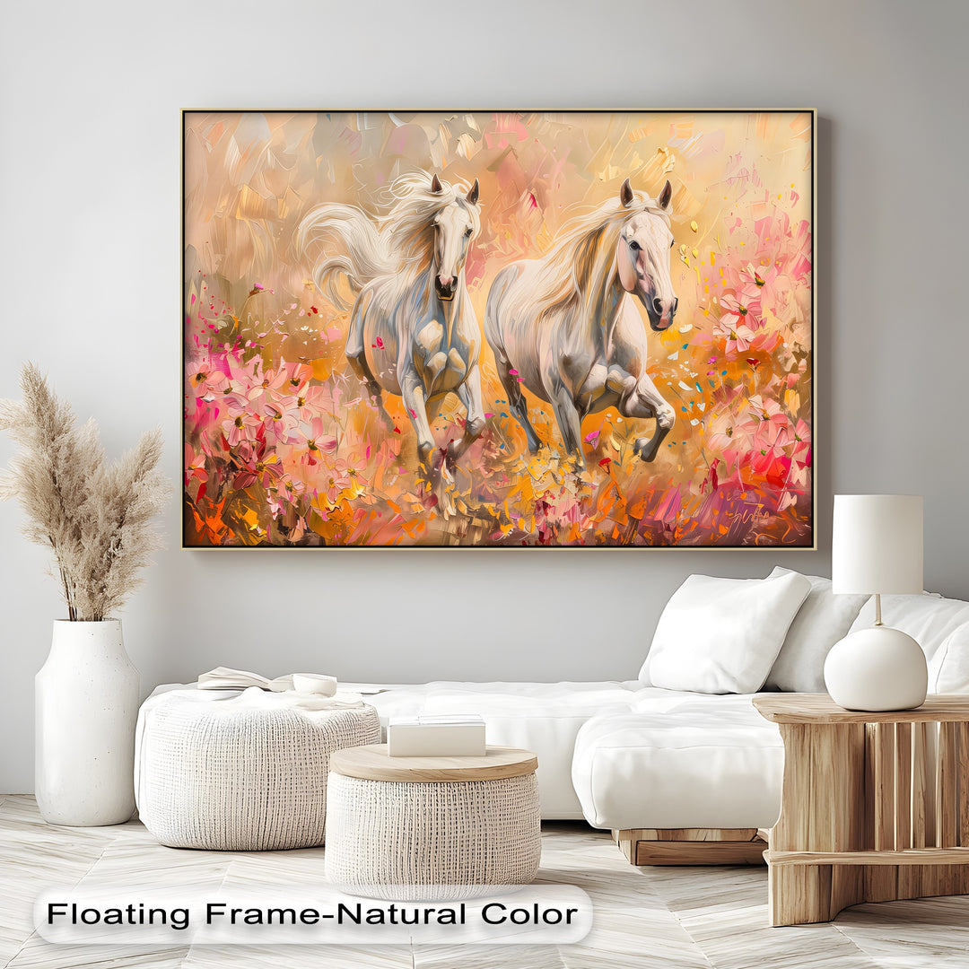 Wild Blossom Run – White Horses Among Petals Canvas Print