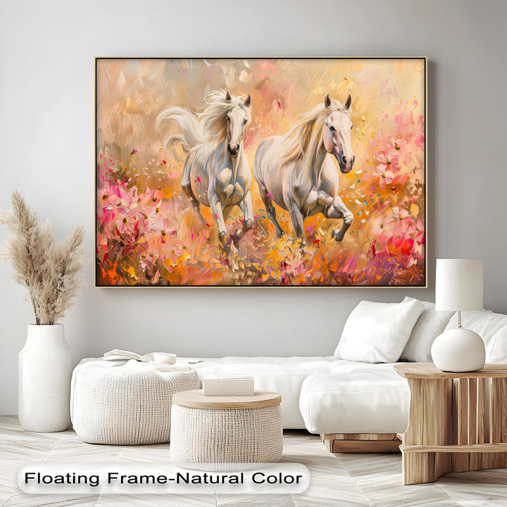 Wild Blossom Run – White Horses Among Petals Canvas Print