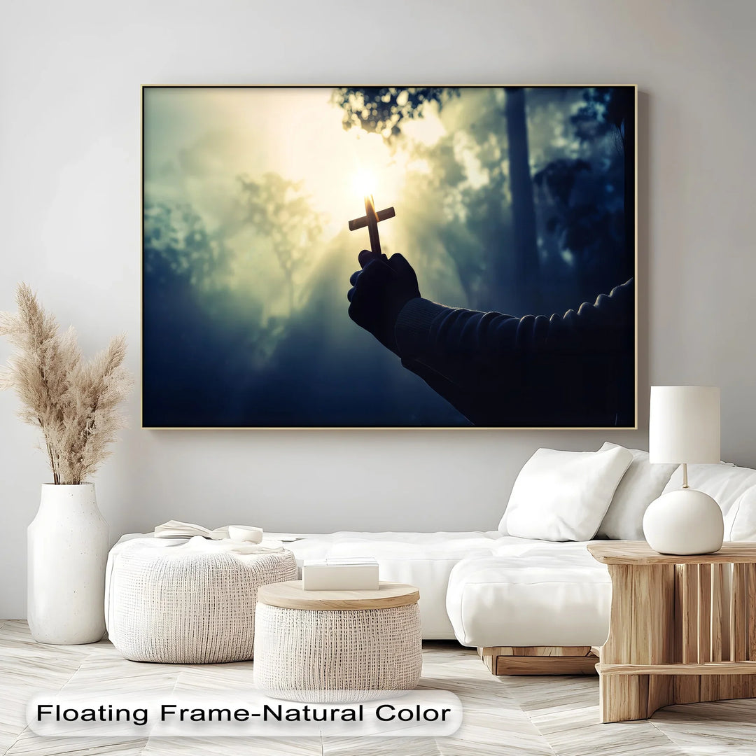 Faith in the Light – Hand Holding Cross in Sunrise Canvas Print