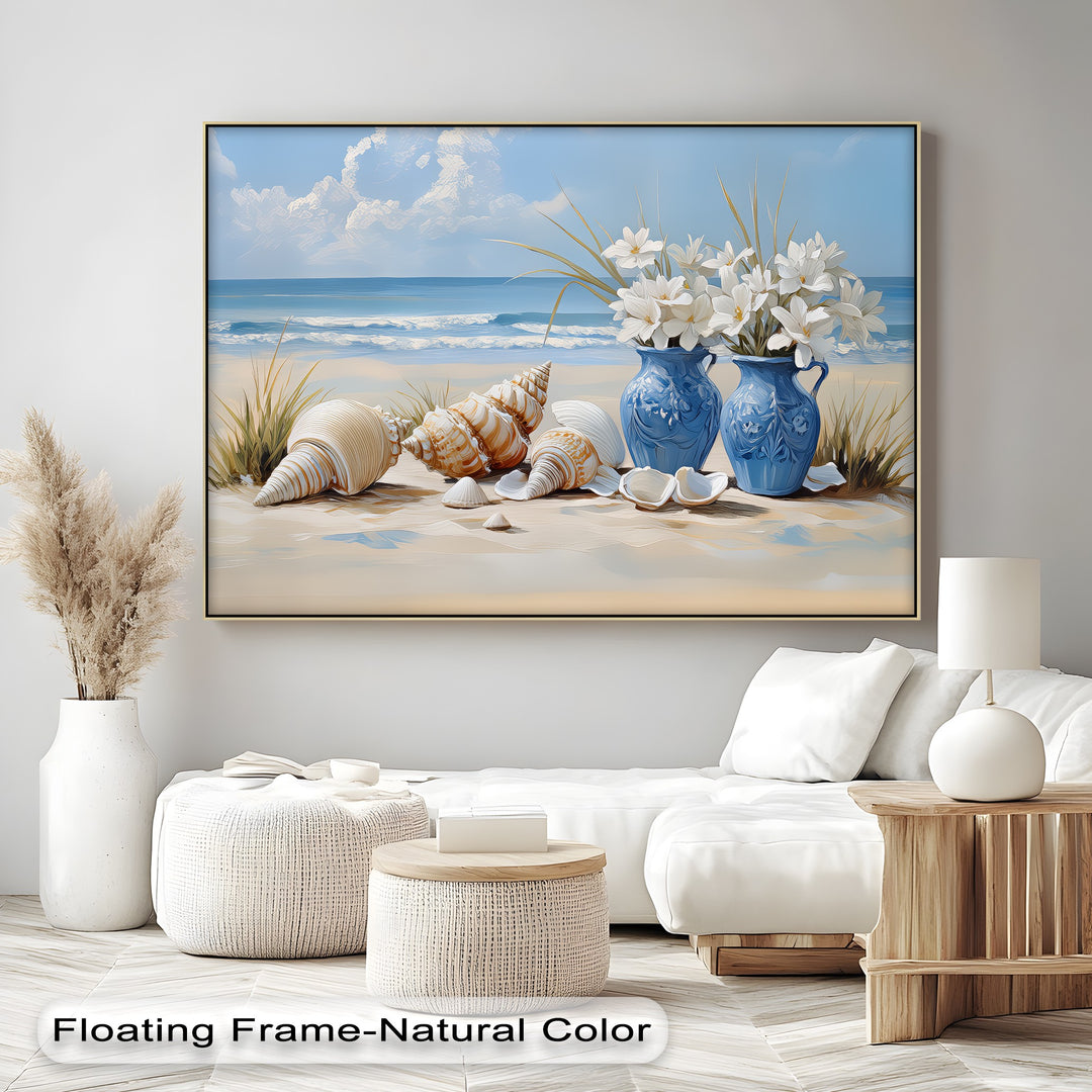 Coastal Serenity – Seashells and Blue Vases Canvas Print