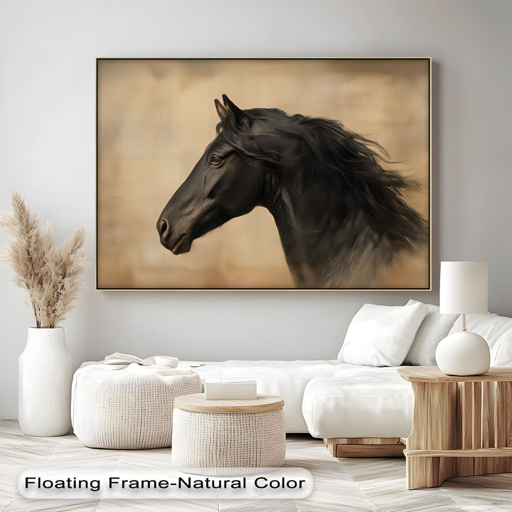 Silent Majesty – Black Horse Portrait on Warm Beige Canvas Print