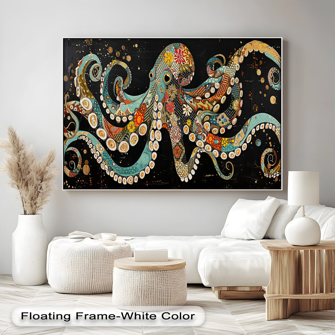 The crisp white floating frame elegantly borders the vibrant mosaic octopus high quality canvas print, enhancing its intricate ocean wall art design.