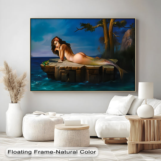 Pensive mood radiates from this Whispers of the Tide canvas wall art, depicting a mermaid in a serene scene, perfect as a captivating hanging canvas.