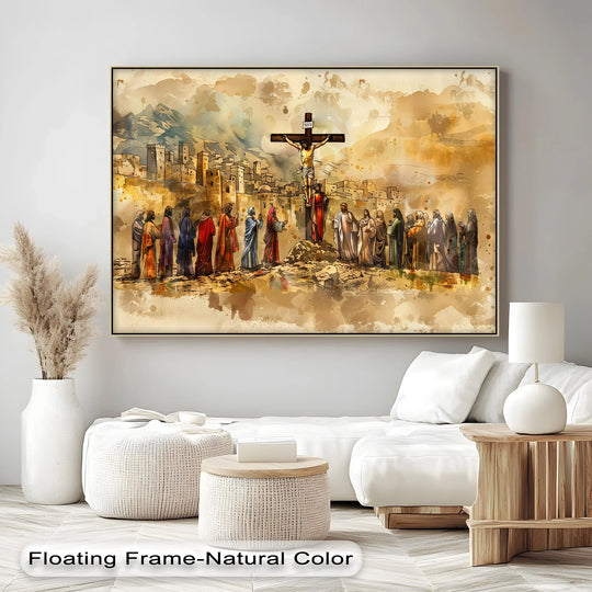 Jesus canvas print with disciples near the cross tan and brown Christian decor and Jesus wall art canvas suitable for sacred home decor