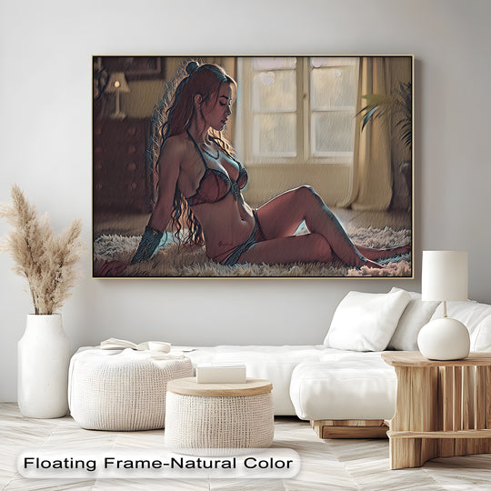 Subtle light and shadow define the contours of this Twilight Reverie erotic canvas wall art, showcasing the alluring canvas pictures and its delicate details.