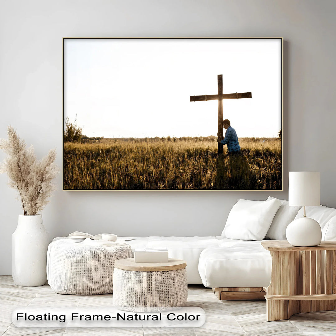 Man Praying by Cross - Jesus Canvas Print