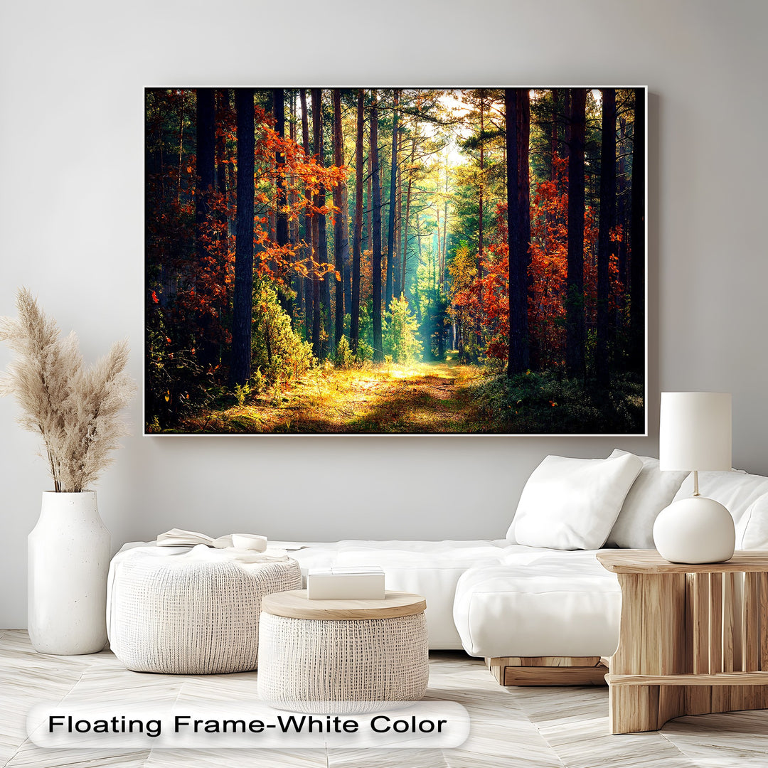 Geometric elements like the tall, linear tree trunks and the frame's precise rectangle enhance this vibrant autumn forest canvas painting.