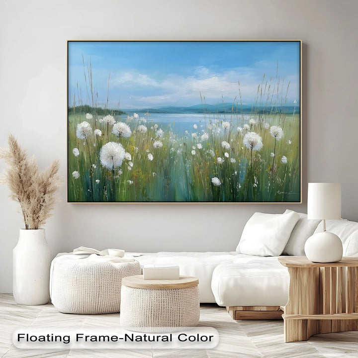 Whispers of Spring – Dandelion Field by the Lake Canvas Print - MyPhotoStation