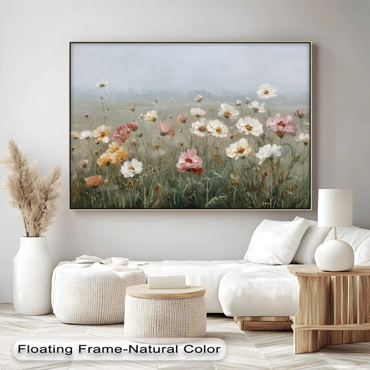 Soft, muted greys and greens define the background of the 'Whispers of Spring' canvas artwork, suggesting a misty meadow backdrop for the pastel floral scene.