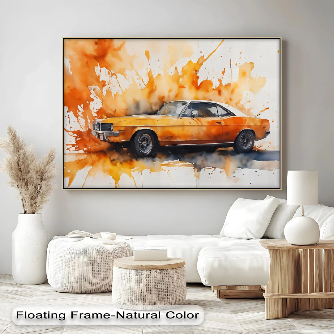 Orange Muscle Car with Paint Splash- Car Canvas Print