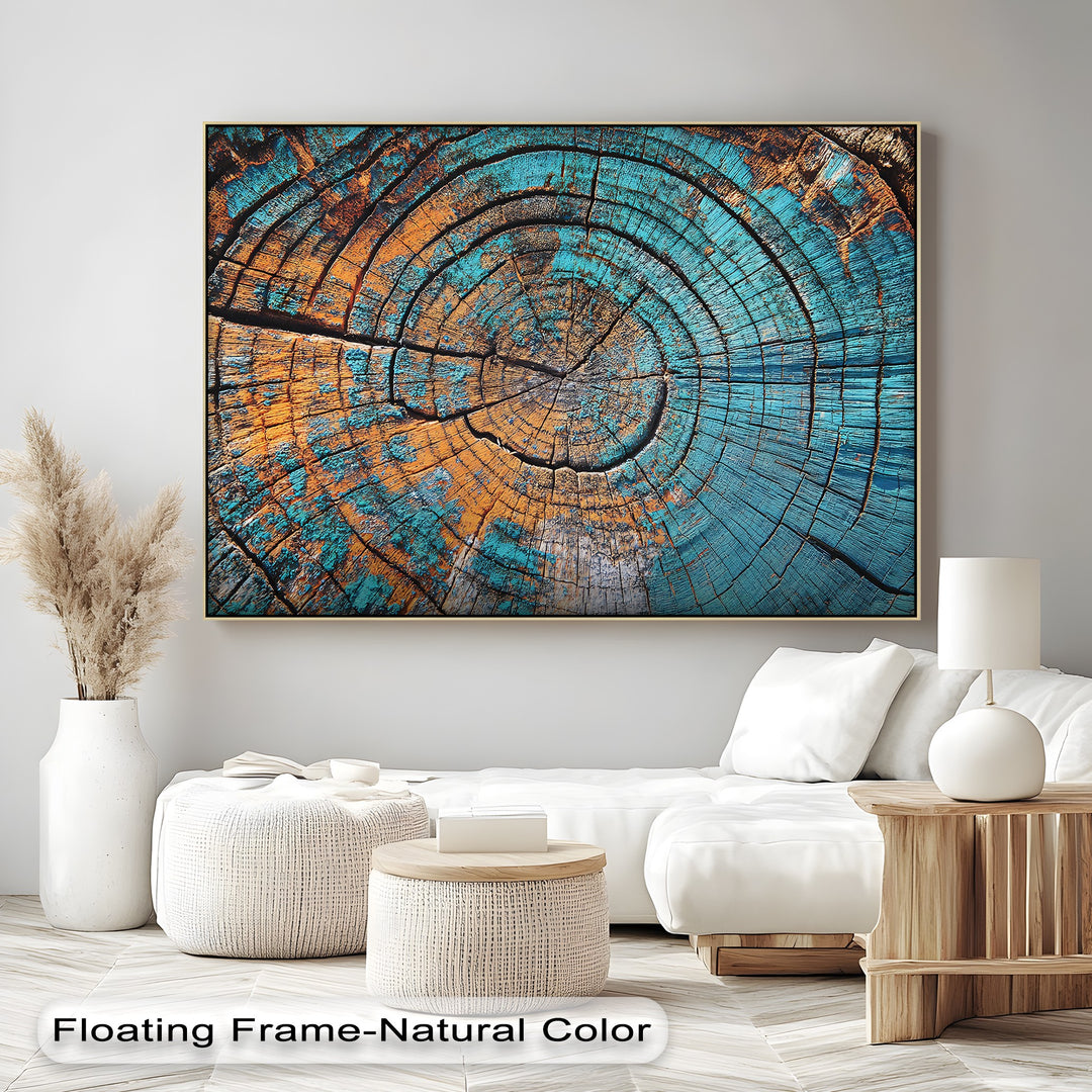 Witness the mesmerizing transition between vibrant turquoise and warm ochre tones in this framed canvas print, a captivating display of tree rings texture, abstract wood pattern art.