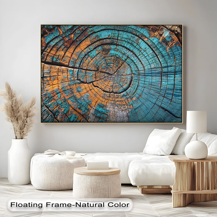 Witness the mesmerizing transition between vibrant turquoise and warm ochre tones in this framed canvas print, a captivating display of tree rings texture, abstract wood pattern art.