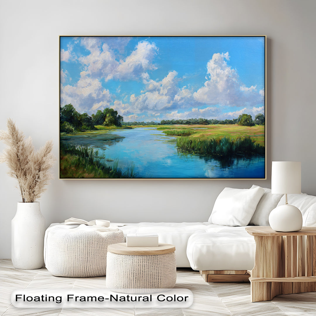Warm tones in this serene river landscape canvas print complement the cool blues of the water and sky, creating a balanced and inviting best canvas prints nature wall art.