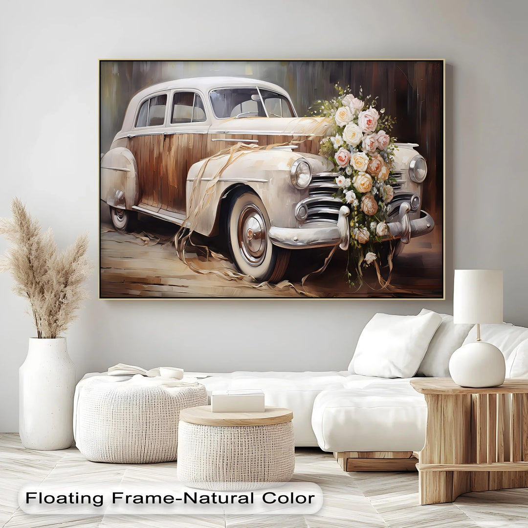 Vintage Wedding Car with Floral Elegance – Car Canvas Print