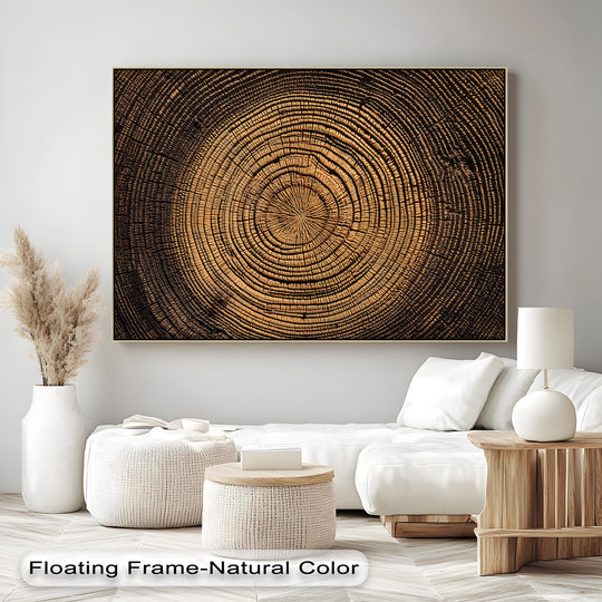 Immobile concentric rings define the stillness of this tree rings wood texture canvas art, a piece of natural abstract wood wall art.