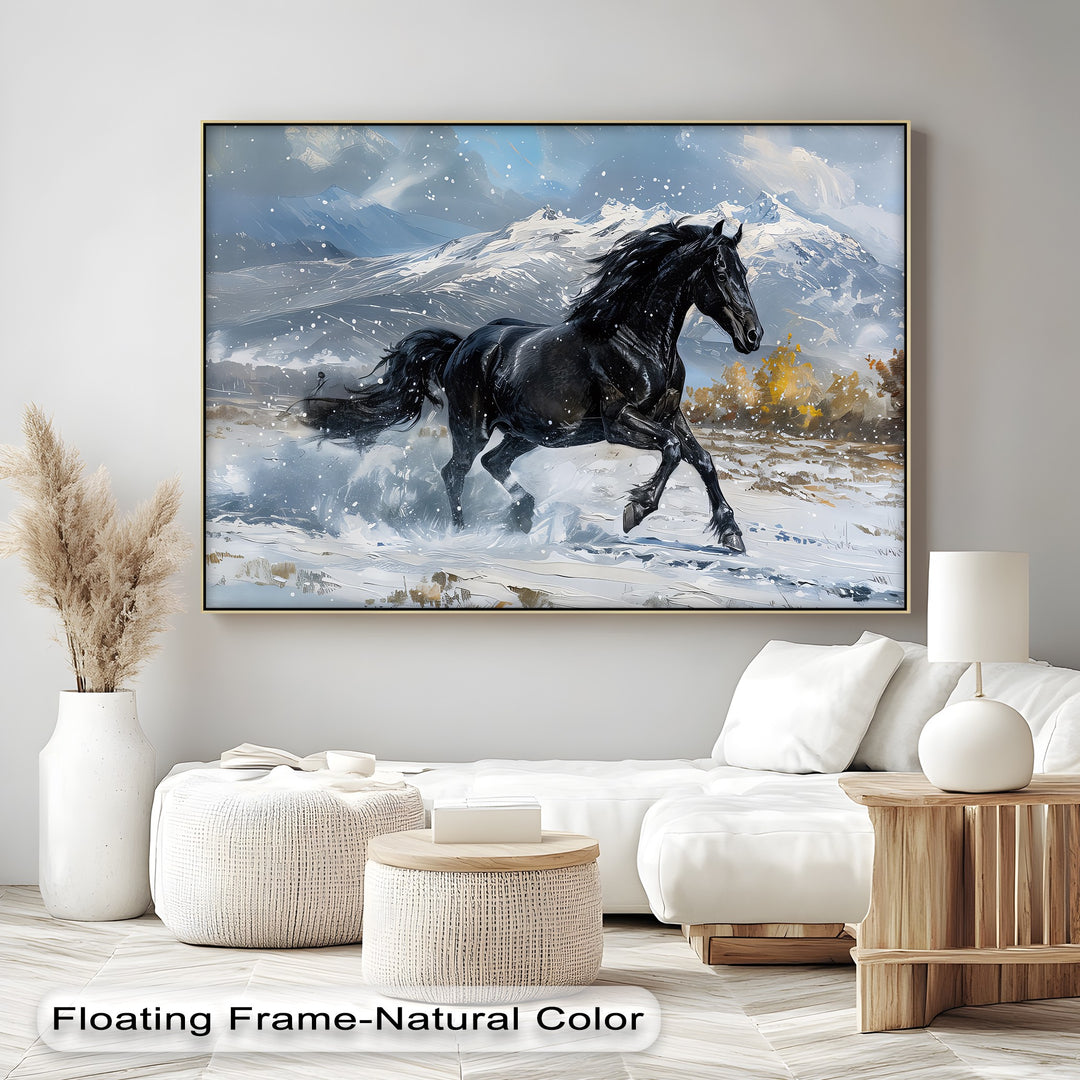 Galloping Black Stallion in Snowy Mountains - Horse Canvas Print