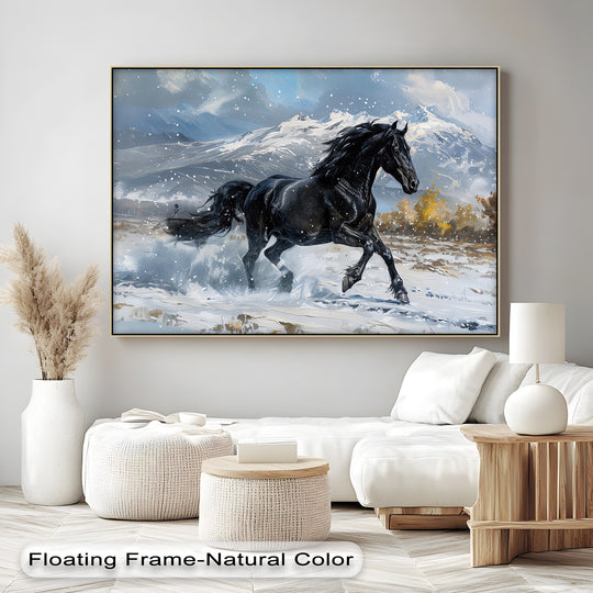 Canvas wall art galloping black stallion in snowy mountains adds striking horse canvas print winter theme and natural majesty