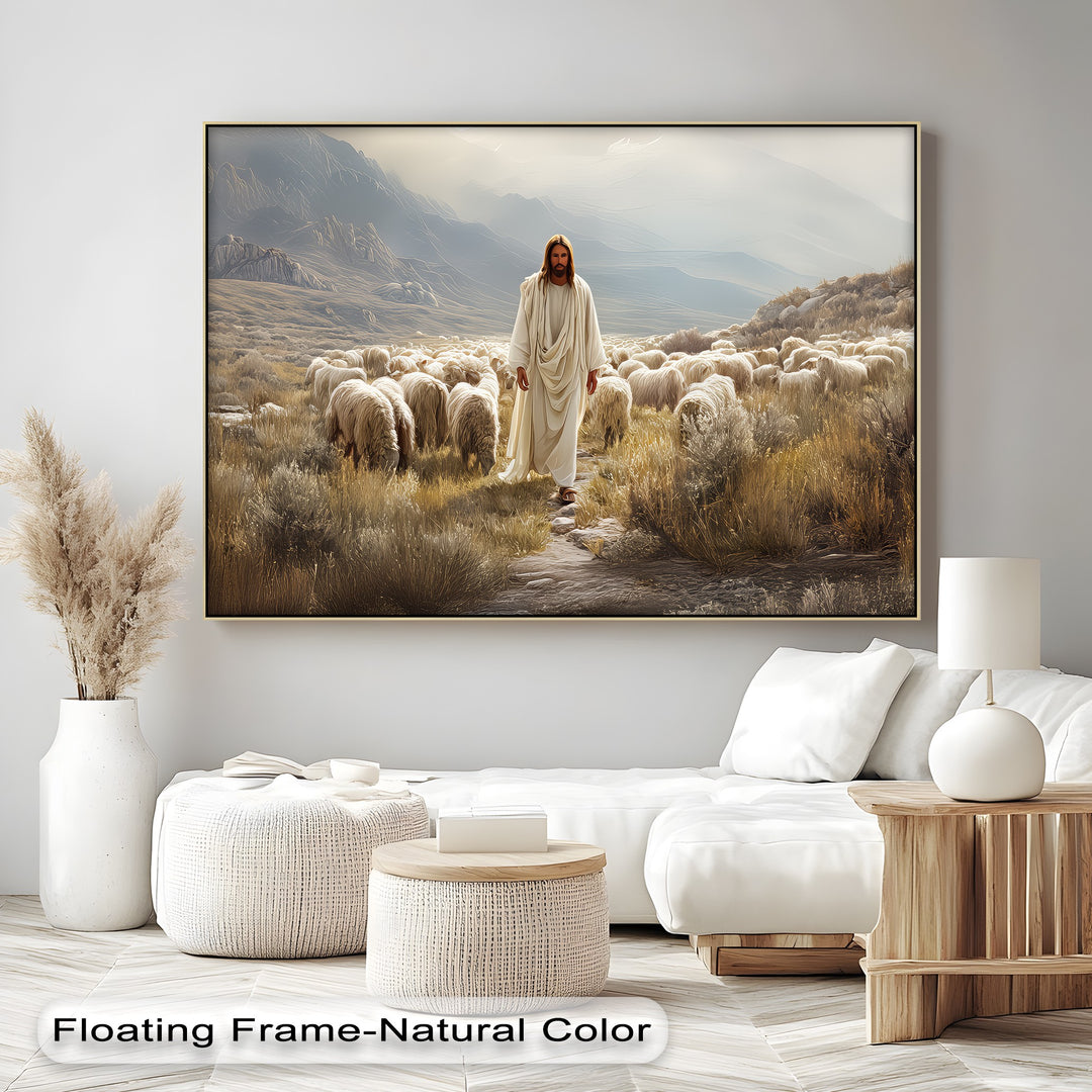 Jesus with Sheep in Mountain Valley - Religious Canvas Print