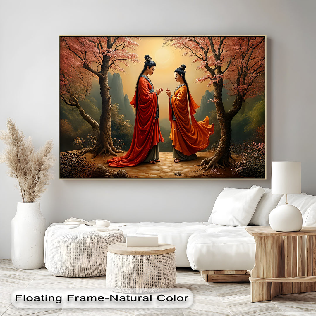 Harmony Under the Blossoms – Oriental Couple Canvas Wall Art | Framed Art