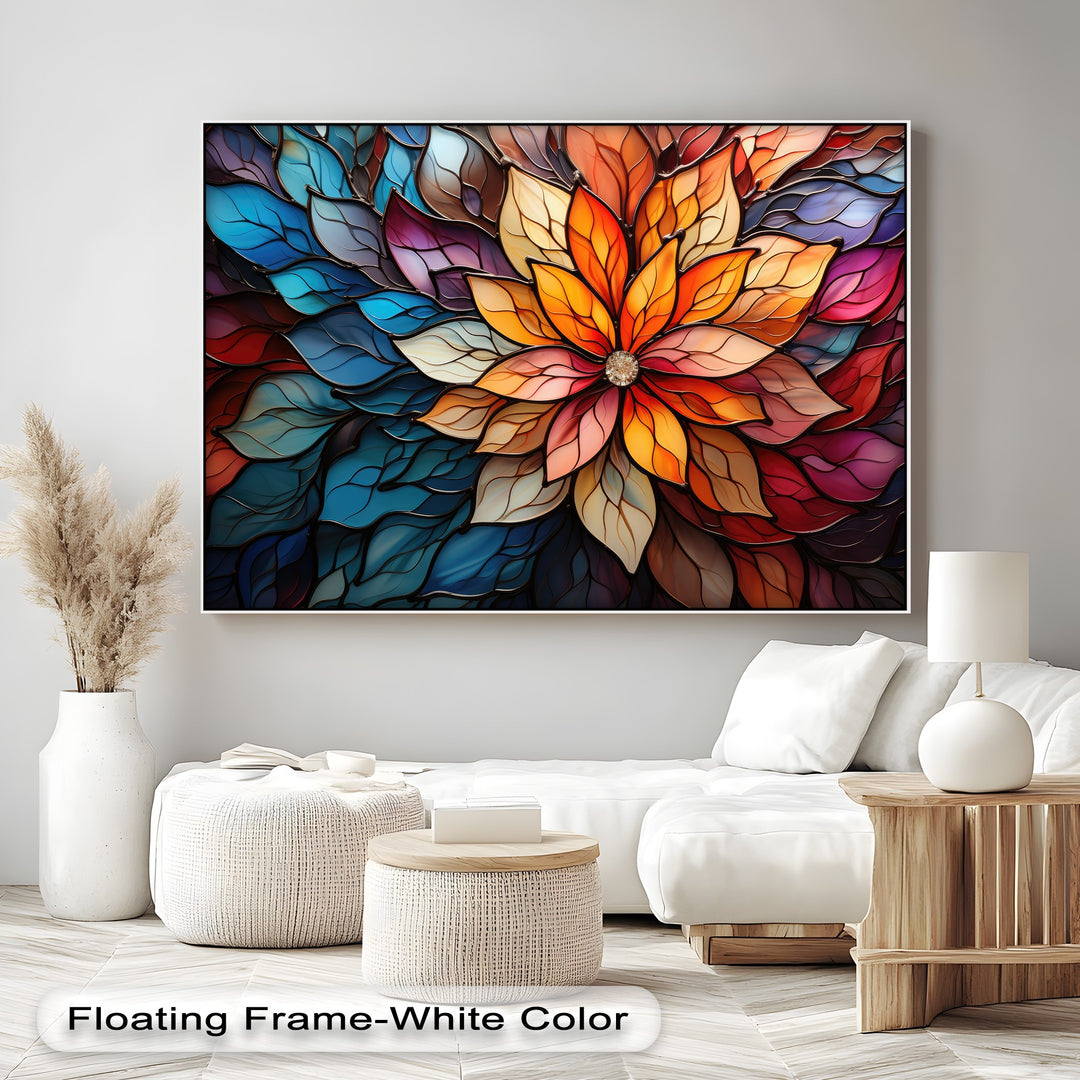 Depth and layers are vividly displayed in this stained glass flower premium canvas decor, with intricate overlapping petals in a spectrum of vibrant colors.