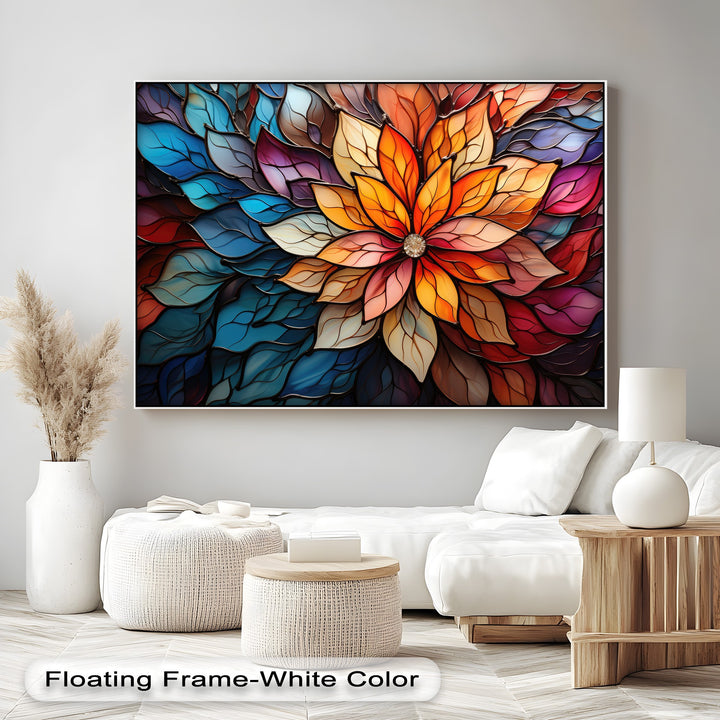 Depth and layers are vividly displayed in this stained glass flower premium canvas decor, with intricate overlapping petals in a spectrum of vibrant colors.