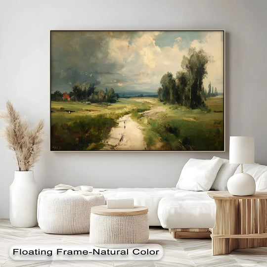 Light and shadow play across this unique canvas print, highlighting the dramatic storm clouds and peaceful countryside in 'Storm on the Horizon.'