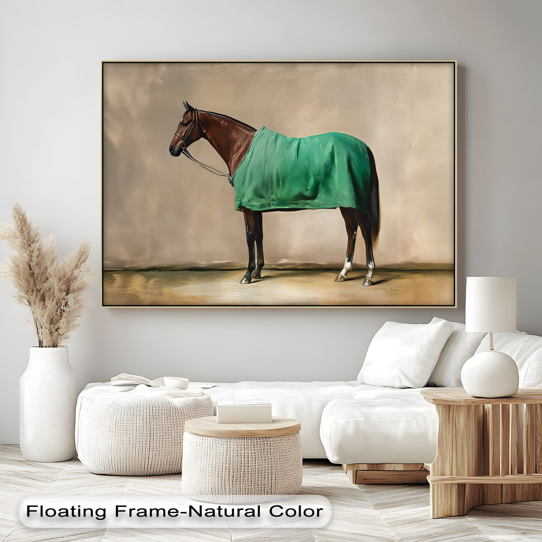 Poised Champion – Racehorse Draped in Green Blanket Canvas Print