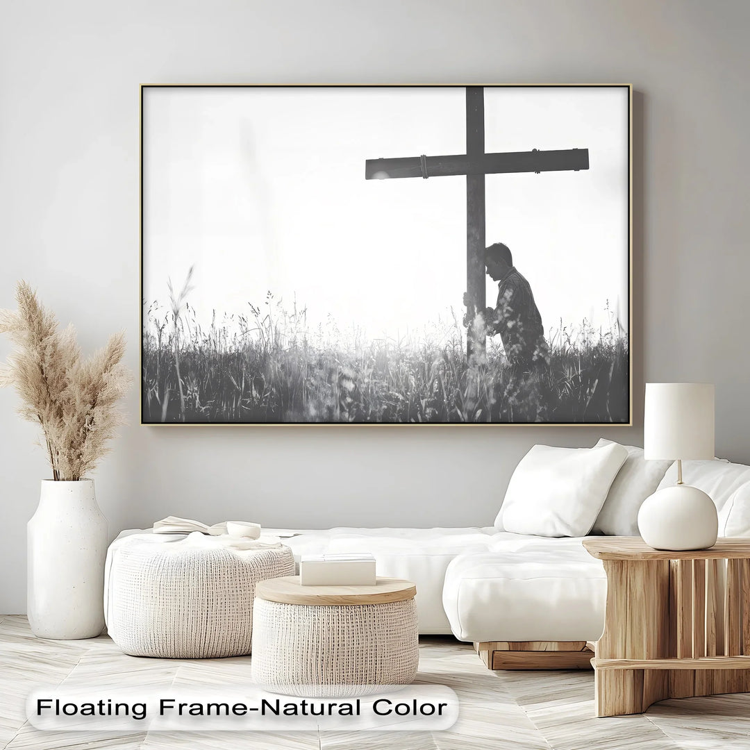 In Surrender – Black and White Prayer with Cross Canvas Print