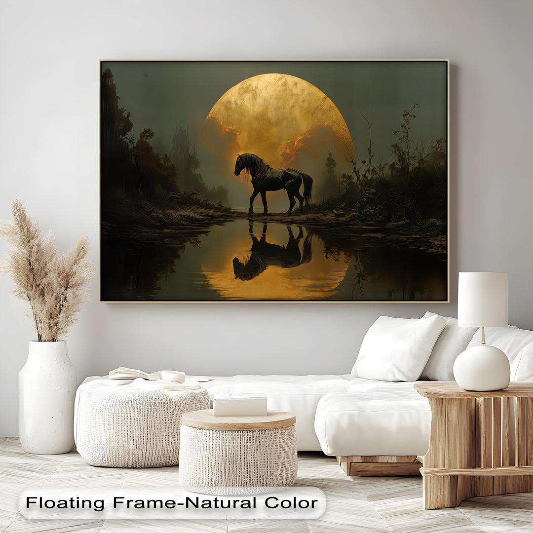 Eclipse Majesty – Black Horse Under a Golden Moon Canvas Print