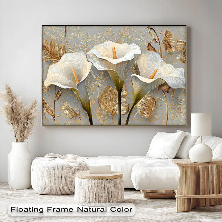 Golden Elegance – White Calla Lilies on Grey Floral Canvas Print