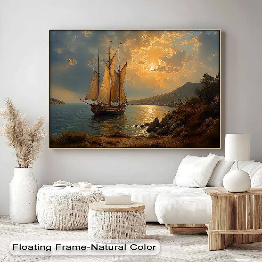 Golden Horizon Voyage – Sailing Ship Sunset Canvas Wall Art | Framed Art