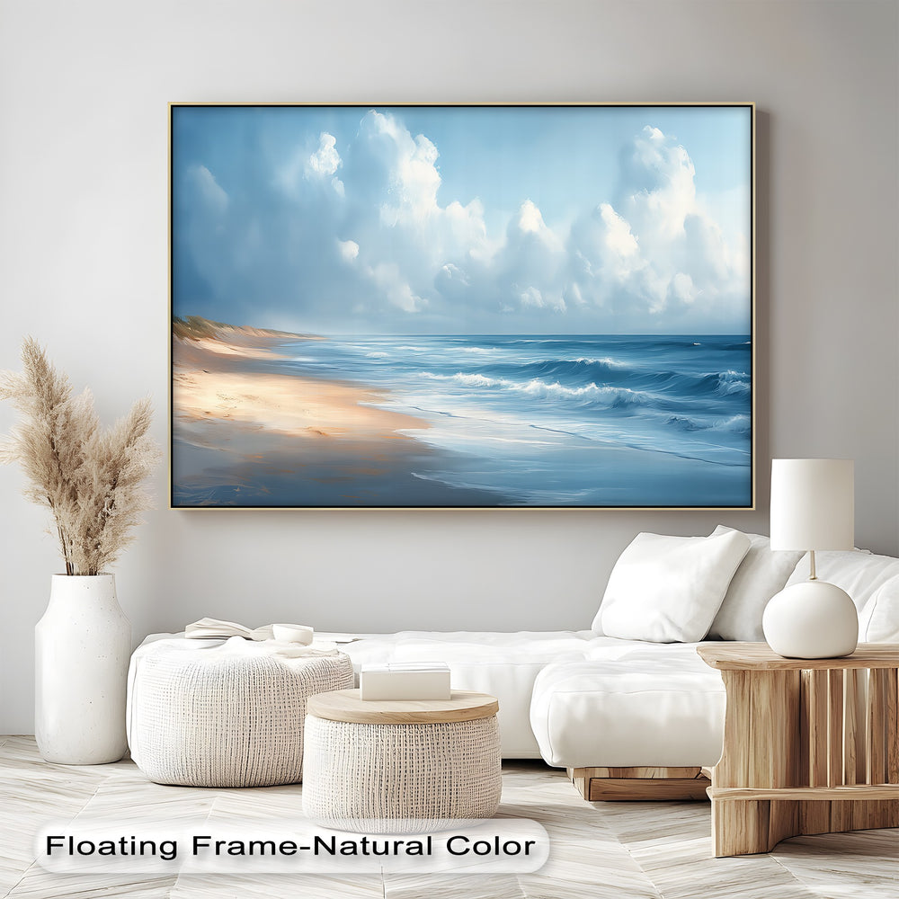 This tranquil beach canvas brings a serene atmosphere to your space with its soft horizon, blue tones, and peaceful shoreline, ideal for modern wall decor.

