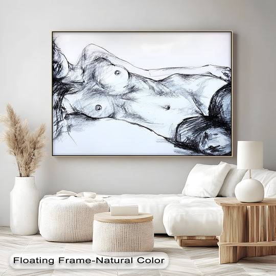 Geometric shapes form a structured border around the hanging canvas featuring a nude sketch, emphasizing the clean lines of the horizontal wall art.