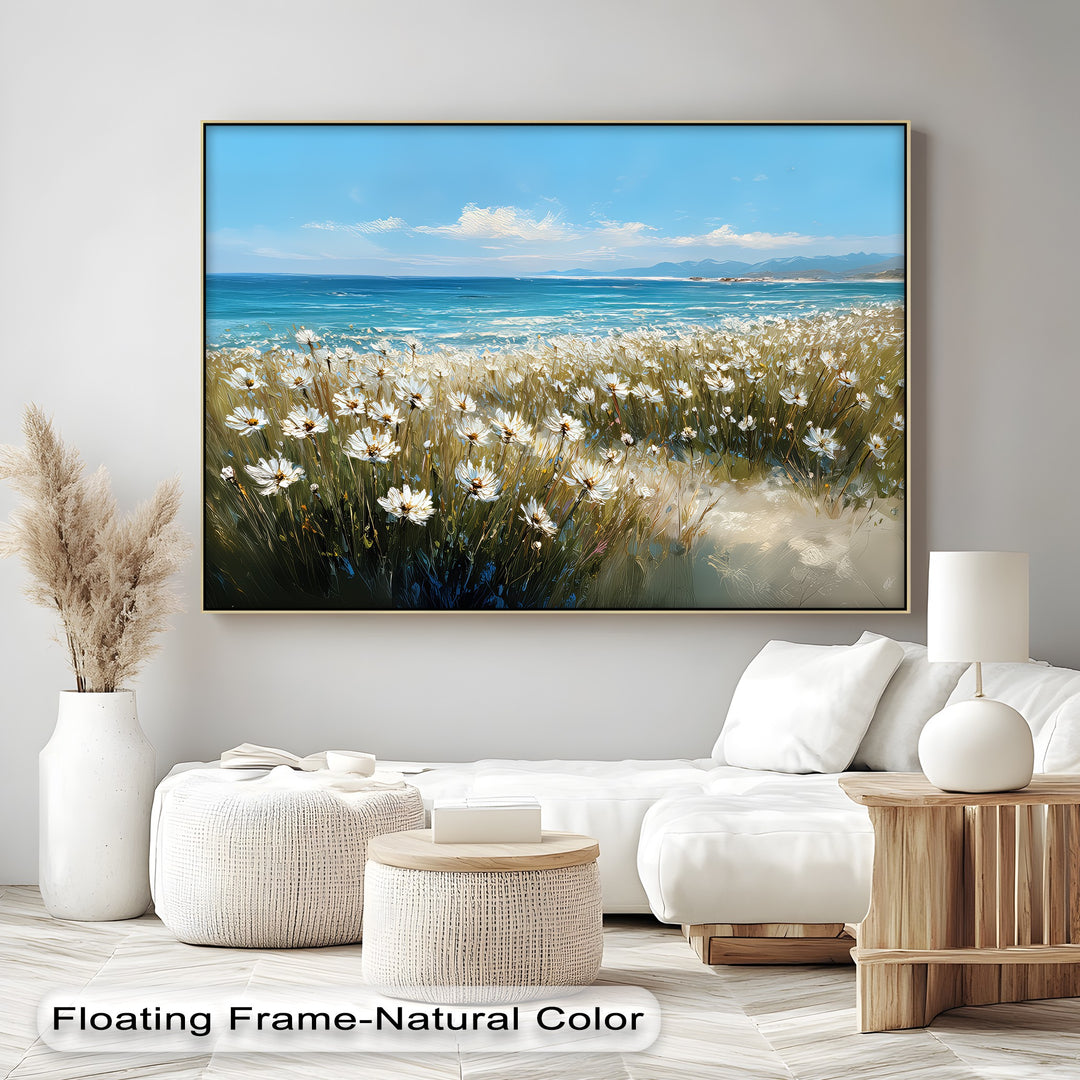 Whispers of the Coast – Daisy Field by the Ocean Canvas Print
