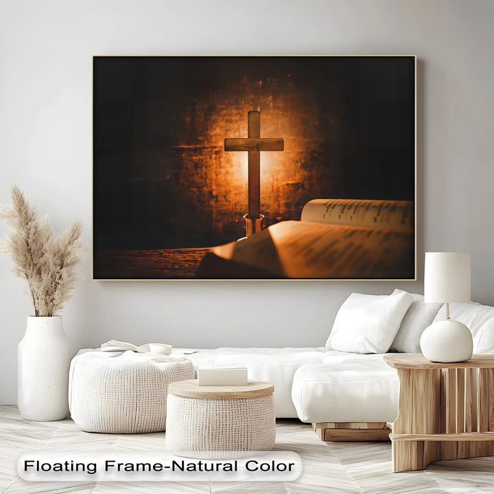 Sacred Glow – Cross and Bible in Candlelight Canvas Print