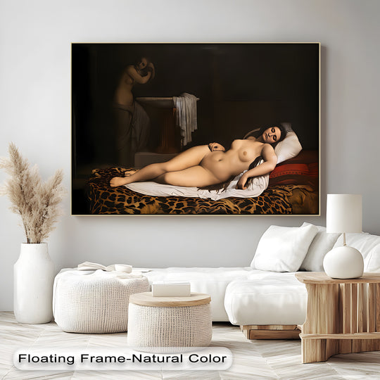 Showcasing the layering effect in this Velvet Dreams premium canvas decor, the artwork canvas features a woman reclining over a leopard-print surface with a background figure.