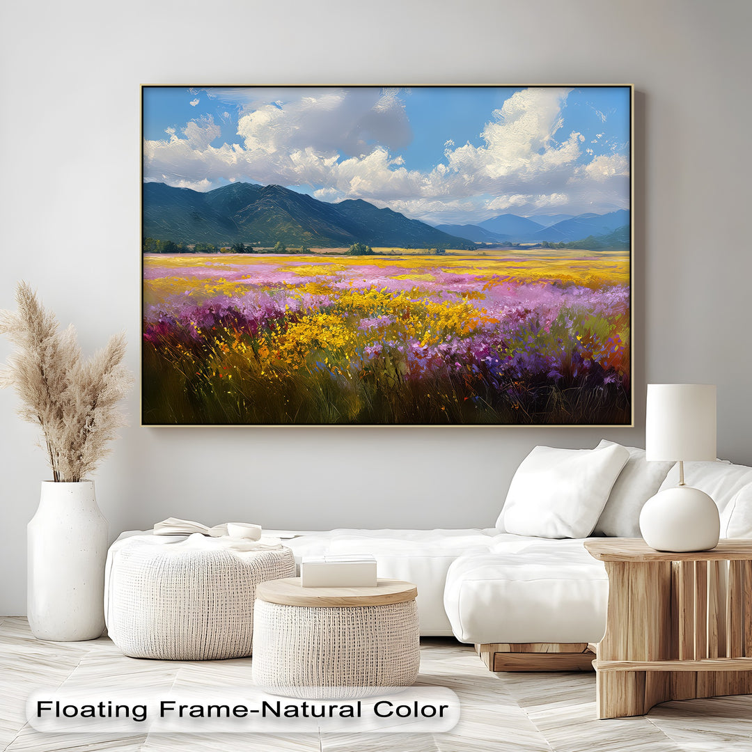 Valley Bloom – Wildflower Field and Mountain Landscape Canvas Print
