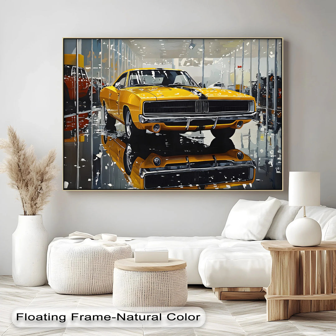 Classic Yellow Dodge Charger in Showroom – Car Canvas Print