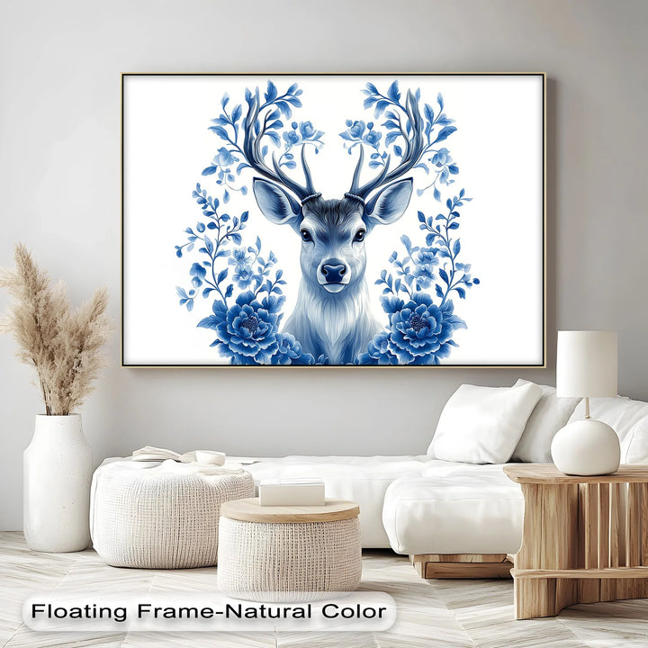 Floral-Antlered Deer in Blue – Nature-Inspired Canvas Print - MyPhotoStation