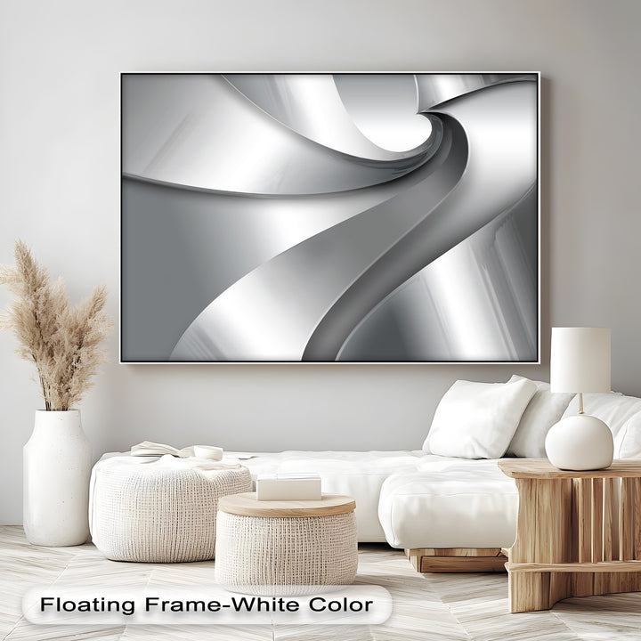 The crisp white floating frame meticulously borders the mesmerizing silver flow minimalist abstract big canvas print.