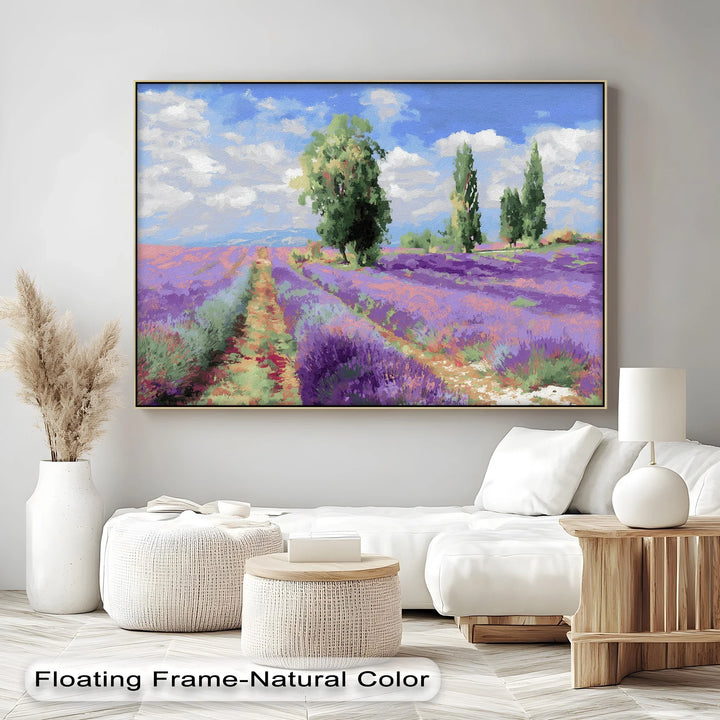 Tranquil lavender rows canvas wall art with scenic tree view

