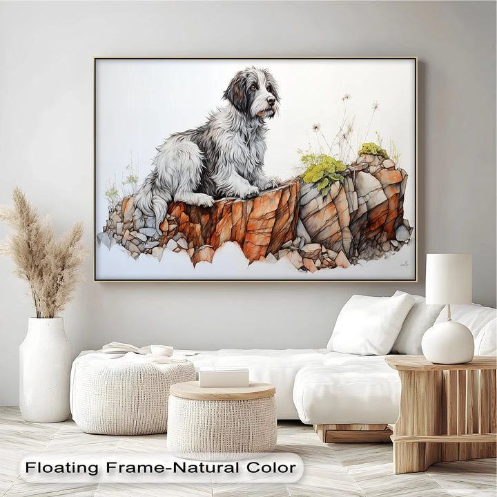 Cliffside Watch – Shaggy Dog on Rocky Ledge Pencil Art Canvas Print - MyPhotoStation