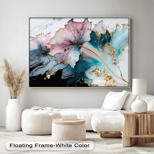 The visual rhythm of this pastel floral canvas art flows gracefully with delicate pink and vibrant aqua abstract flowers accented by shimmering gold.