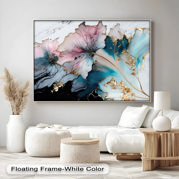 The visual rhythm of this pastel floral canvas art flows gracefully with delicate pink and vibrant aqua abstract flowers accented by shimmering gold.