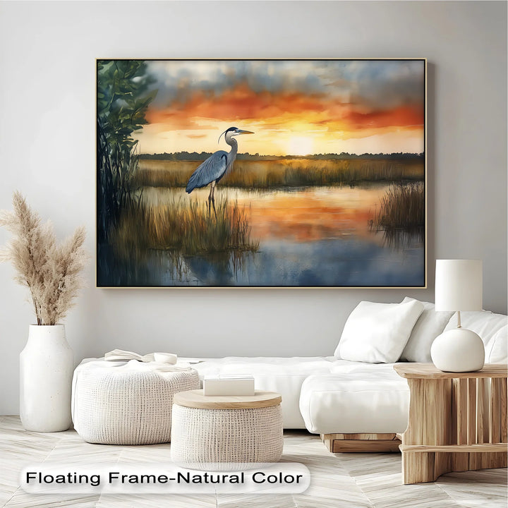 Golden Hour Marshland – Sunset Heron Canvas Wall Art - MyPhotoStation