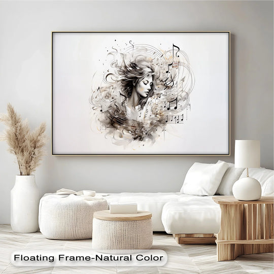 The darkest area showcases the dramatic shading in this music canvas prints, enhancing the ethereal quality of the woman and surrounding musical notes as best canvas prints.
