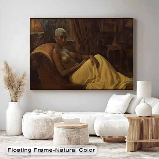 Framed erotic 'Velvet Rain' canvas wall art, the painting's dominant figure commands attention, showcasing sensual canvas art prints with soft golden fabric details.