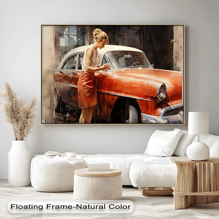 Timeless Connection – Retro Woman with Classic Car Canvas Print