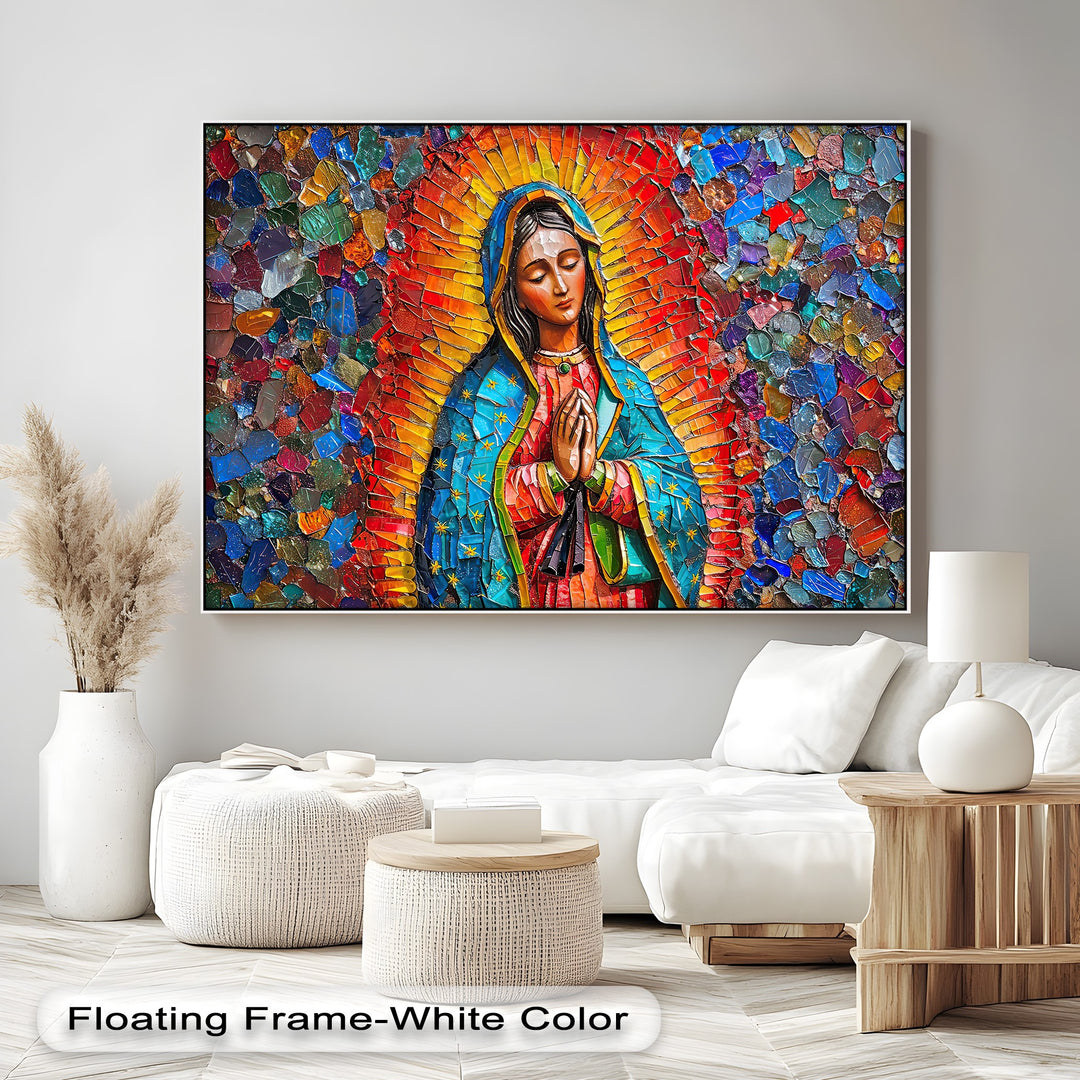 The loudest element is a vibrant mosaic Our Lady of Guadalupe, radiating in a colorful halo on canvas art prints.